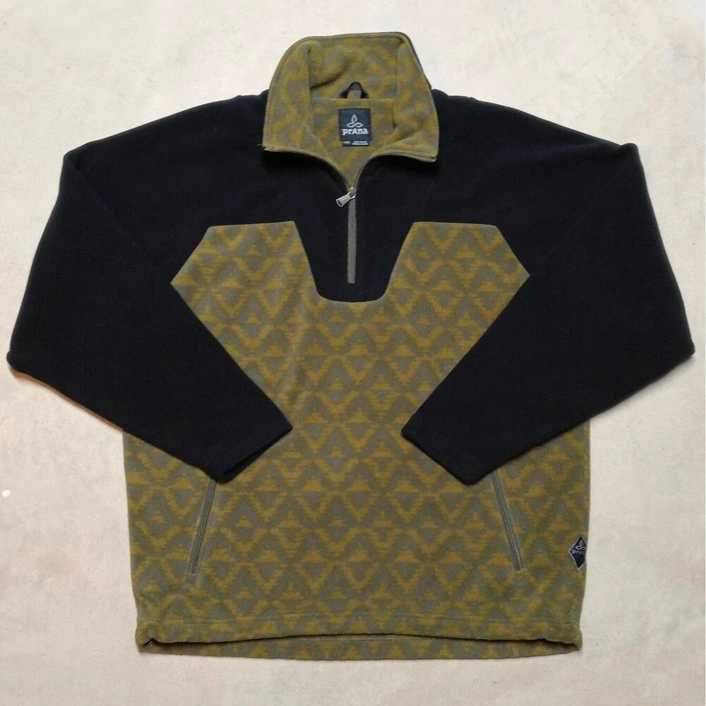 PrAna Arnu Green Black Pullover 1/4 Zip Fleece Sweater Jacket Mens Size Large